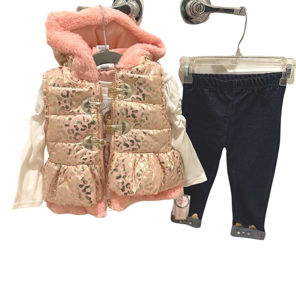 Baby Girls Metallic Puffer Vest, Long Sleeve Tee, & Leggings 3-Piece Set, 24M - Picture 3 of 8